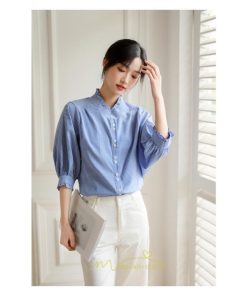 シャツ・ブラウス | ブラウス コットン 七分袖 レディース 青 入学式 入園式 卒業式 卒園式 フォーマル 結婚式 ママ 着痩せ 華奢見え OL お仕事 20代30代40代 通勤 新作 ビジネス