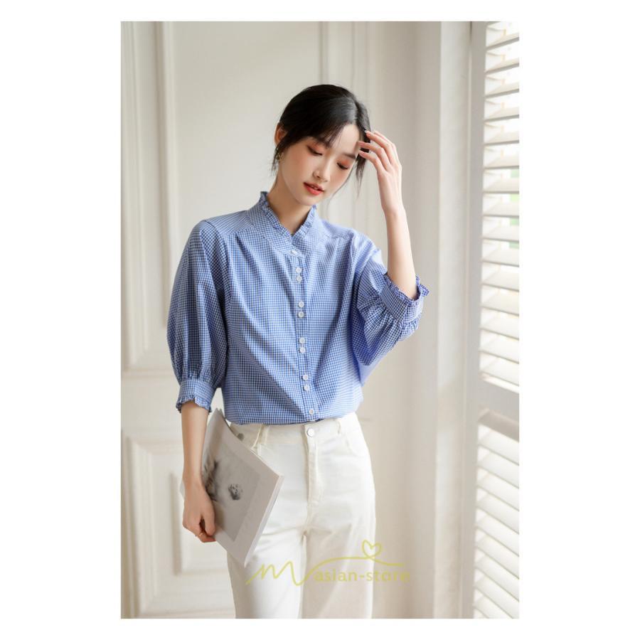 シャツ・ブラウス | ブラウス コットン 七分袖 レディース 青 入学式 入園式 卒業式 卒園式 フォーマル 結婚式 ママ 着痩せ 華奢見え OL お仕事 20代30代40代 通勤 新作 ビジネス