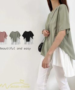 シャツ・ブラウス | ブラウス 夏服 レディース 半袖 五分袖 トップス 切り替え フェイク シフォン 涼感 通気性 無地 可愛い 女っぽい ゆったり 50代60代 大人 揺れる 30代40代