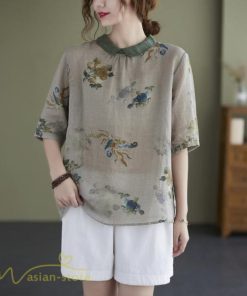 ｔシャツ・カットソー | Tシャツ Tシャツ プリント カジュアル 麻綿 リネン シャツ トップス サマーシャツ 襟付き カジュアル 大きいサイズ 夏コーデ 5分袖 麻綿 トレンド レディース