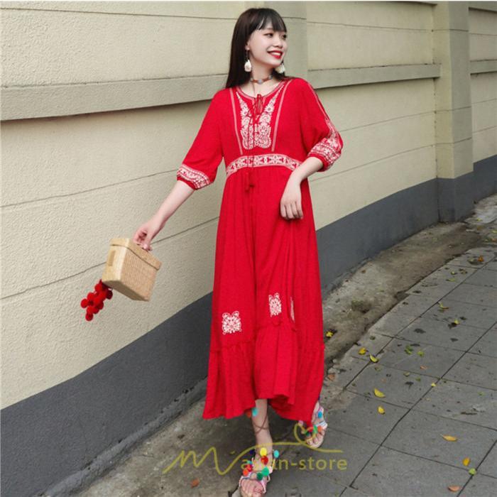 マキシ | ワンピース きれいめ レディース 夏 秋 ロング 上品 大人 七分袖 お出かけ 高見え 赤 白 黄色 上質 20代 50代 40代 ゆったり リゾート 30代 旅行 体型隠し