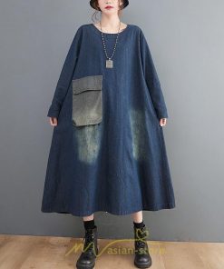 デニムワンピース | ワンピース デニム レディース 40代 ロング チュニック 長袖 ゆったり かわいい 大きいサイズ 藍 大きいポケット 体型カバー