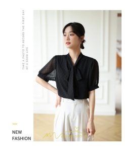 シャツ・ブラウス | ブラウス レディース おしゃれ きれいめ 半袖ブラウス カジュアル 無地 フォーマル オフィス オフホワイト 黒 シフォン OL 蝶結び 通勤 新作 お出かけ ビジネス