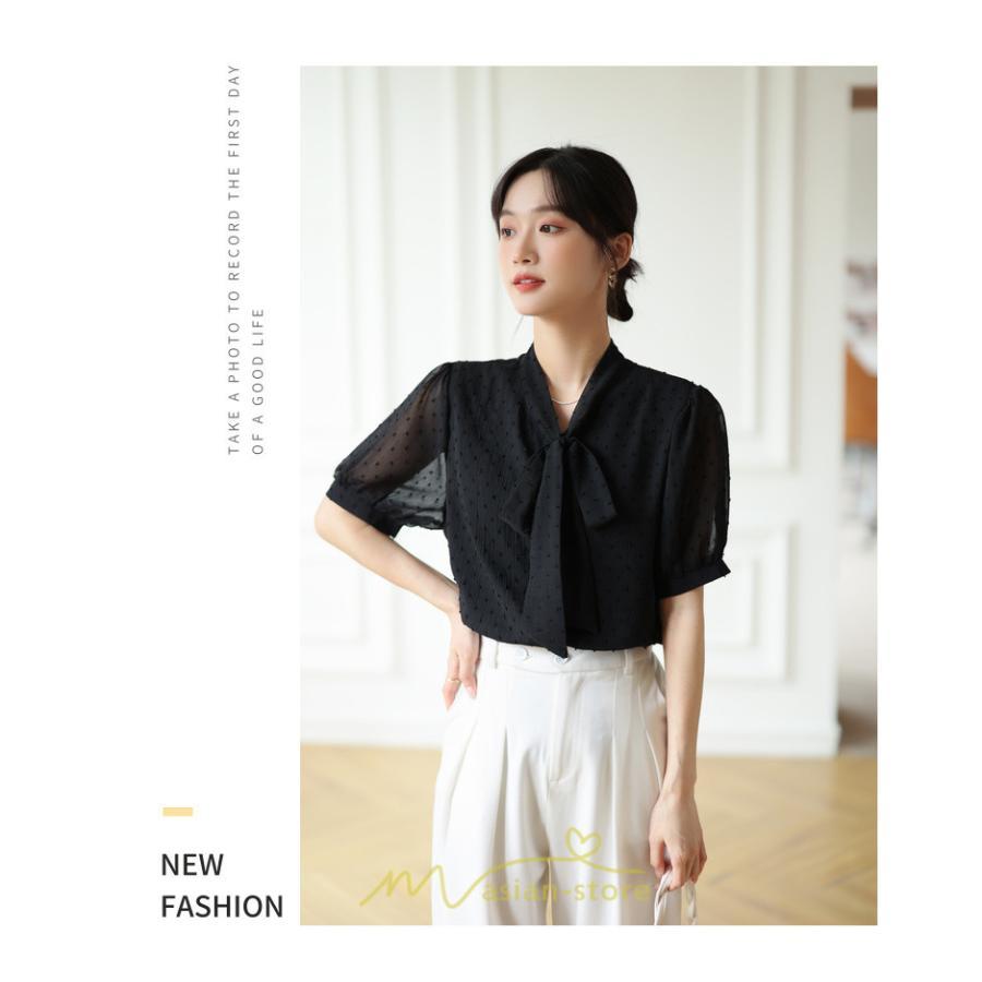 シャツ・ブラウス | ブラウス レディース おしゃれ きれいめ 半袖ブラウス カジュアル 無地 フォーマル オフィス オフホワイト 黒 シフォン OL 蝶結び 通勤 新作 お出かけ ビジネス