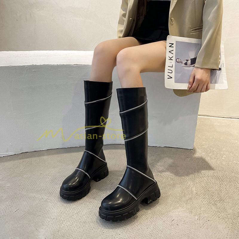 ロングブーツ | レディース ブーツ 秋冬 シューズ 靴 太ヒール チャンキーヒール 合皮ブーツ PUブーツ ロング靴 COS コスプレ 大人 後ろファスナー くつ
