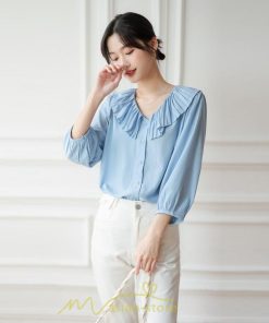 シャツ・ブラウス | ブラウス レディース シャツ おしゃれ きれいめ 七分袖ブラウス カジュアル 無地 フォーマル オフィス 夏物 エレガント Vネック ライトブルー 通勤 ビジネス