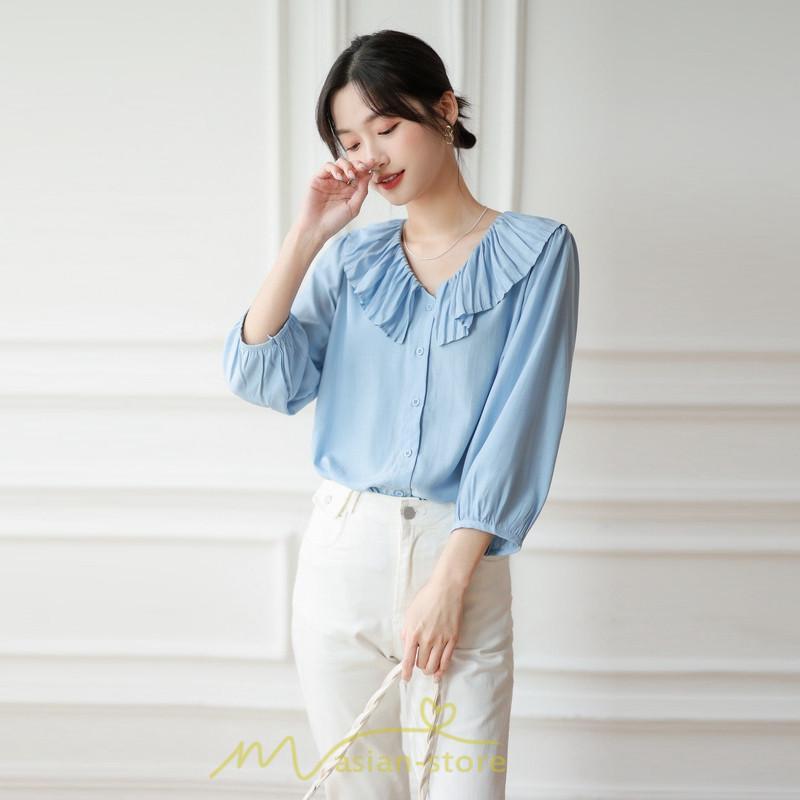 シャツ・ブラウス | ブラウス レディース シャツ おしゃれ きれいめ 七分袖ブラウス カジュアル 無地 フォーマル オフィス 夏物 エレガント Vネック ライトブルー 通勤 ビジネス