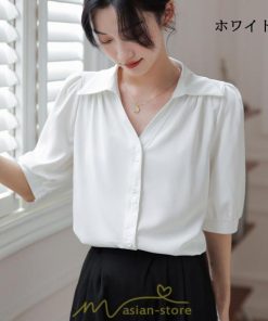 シャツ・ブラウス | ブラウス シャツ トップス レディース 春 夏 半袖 バブルスリーブ シフォン 柔らかい Vネック 着痩せ かわいい 上品 きれいめ エレガント オフィス フォーマル