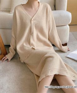 セットアップ | ニットレディース ニットカーディガン ニットスカート ウエストゴム 羽織りニット ダメージ加工 秋冬 長袖 ミモレ丈 無地