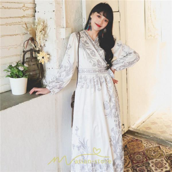 マキシ | マキシワンピース ロングワンピース レディース 夏 秋 長袖 紺 ゆったり Aライン 花柄プリント きれいめ リゾート 大人 20代 母 40代 同窓会 二次会 ママ 30代