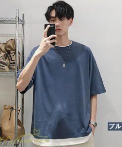 Tシャツ | メンズ 夏物 半袖 五分袖 フェイク レイヤード 重ね着 無地 おしゃれ プルオーバー オーバーサイズ しっかり ロングｔ 男 20代 カジュアル 30代