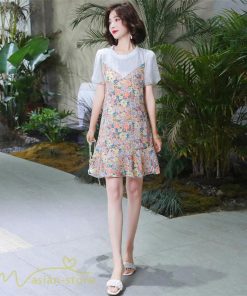 ミディアム | ワンピース レディース 花柄 きれいめ 重ね着風 おしゃれ 上品 夏 新作 ひざ上 ショート丈 カジュアル ミニワンピース 20代 40代 お出かけ 大人 30代 半袖