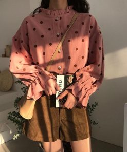 シャツ・ブラウス | 長袖ブラウス レディースシャツ 春物 夏服 羽織り 前開き 可愛い ドット柄 フレア トップス 綿麻 女の子 20代30代