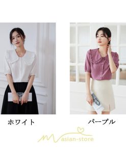 シャツ・ブラウス | ブラウス シフォン トップス レディース 白 紫 夏ブラウス シフォンブラウス 半袖 オフィス 春夏 クルーネック お出かけ 着痩せ 華奢見え フリル