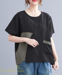 ｔシャツ・カットソー | ｔシャツ カットソー レディース 切り替え 女性着 シンプル カジュアル フリーサイズ ゆったり 夏新作 おしゃれ 半袖 チェック柄 黒 半袖tシャツ 丸首 白