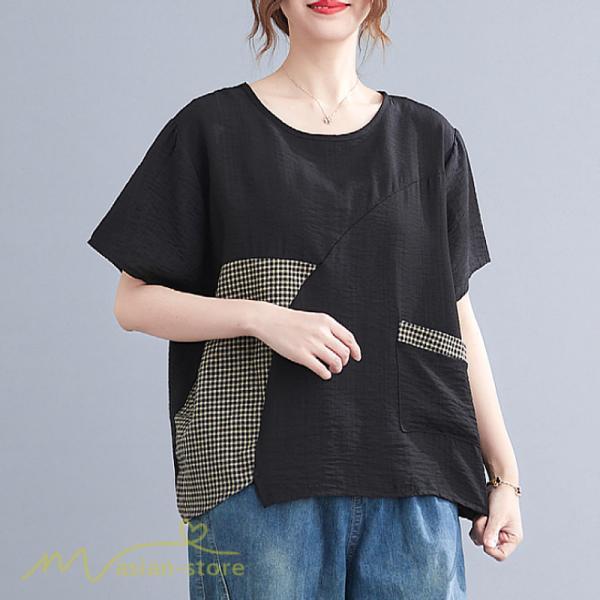 tシャツ・カットソー | tシャツ カットソー レディース 切り替え 女性着 シンプル カジュアル フリーサイズ ゆったり 夏新作 おしゃれ 半袖 チェック柄 黒 半袖tシャツ 丸首 白