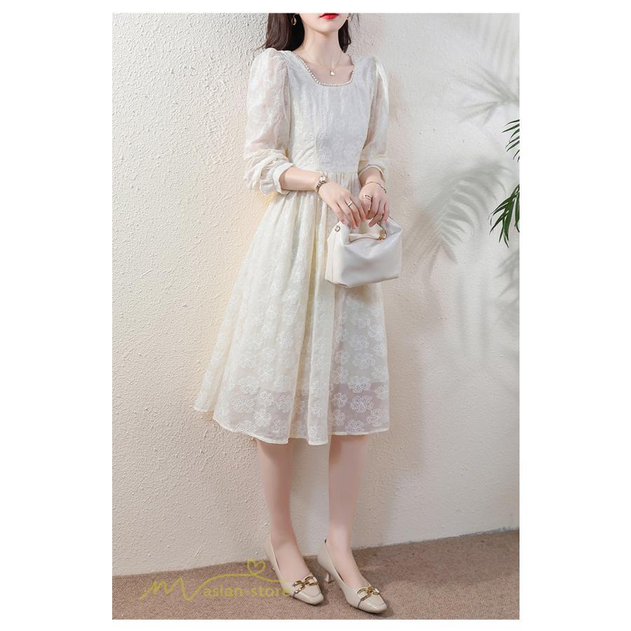 ミディアム | Aラインワンピース 秋コーデ レディース 長袖 膝丈ワンピース 腰リボン付き 刺繍 パフスリーブ 美ライン シルエット 大人 無地 オフィス お呼ばれ フォーマル