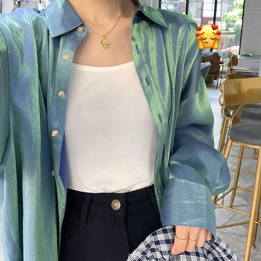 カーディガン | 光沢 サテン 春 レディース ブラウス ロングシャツ 夏 トップス 長袖 カラーシャツ レトロデザイン