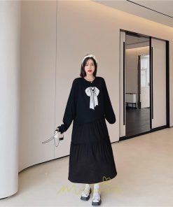 マキシ | 切り替えワンピース 長袖ワンピース 大きいサイズ ゆったり 体型カバー 黒ワンピース プリント ちょう 30代50代 かわいい 秋物 大人40代 レディース