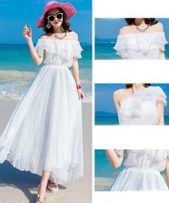 ノースリーブ | マキシシフォンフレアワンピース ロングワンピース 白ワンピース サマーワンピ お呼ばれ 海 旅行 おしゃれ パーティー 肩出し レディース ハイウエスト