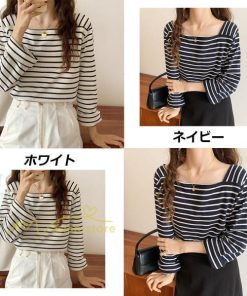 ｔシャツ・カットソー | 長袖 Tシャツ カットソー レディース シャツ 袖 ストライプ 韓国ファッション トップス 通勤通学 カジュアル 着回し 上品 夏物 ゆったり お出かけ 20代30代40代