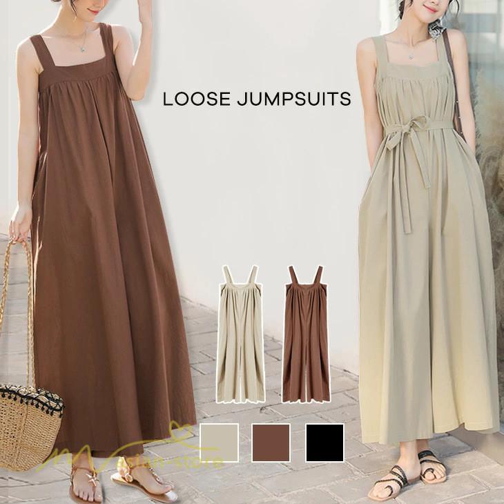 ノースリーブ | サロペット レディース 無地 着痩せ キャミサロペット 可愛い 20代 30代 カジュアル 春 夏 秋 韓国風 ゆったり パンツ コーデ プルオーバー