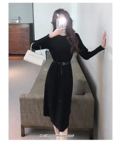 ミディアム | ワンピース 無地 きれいめ 30代 40代 50代 着やせ 上品 大きいサイズ ミモレ丈 長袖 春夏秋冬 丸首 ミモレ丈 ひざ丈 長袖 パフスリーブ