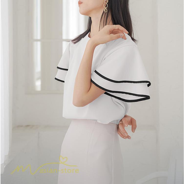 tシャツ・カットソー | トップス Tシャツ レディース 半袖 クルーネック ゆったり おしゃれ ブラウス 着痩せ 春 夏 秋 新作 L M 可愛い スカラップ袖 カジュアルTシャツ 無地