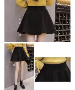 スカート | 秋冬ツイードフレアミニウエストゴム Aラインハイウエスト 無地 黒可愛い 膝上丈 大人 30代