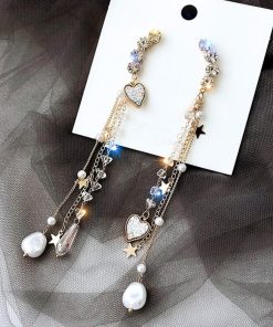 その他アクセサリー | ラインストーン ハートモチーフ パール 大人 ぶらさがり ビジューピアス チェーンピアス ロングピアス 大ぶり レディース