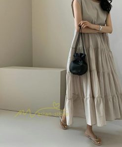 マキシ | ワンピース Aラインノースリーブマキシ丈ワンピース ビッグシルエット 無地 レディース ロング丈 体型カバー カジュアル 麻 綿 ゆったり 20代30代40代