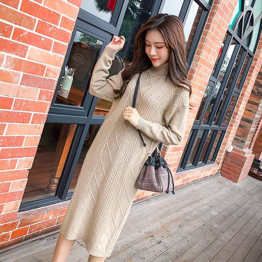 ワンピース | ロング長袖 レディース ケーブルニット タートルネック 厚手 ざっくり ニット