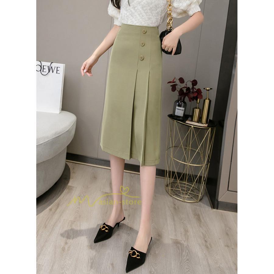 スカート | タイトボタン 膝下 ミディアム丈 ミモレ丈 キレイめ プリーツ通勤通学 ビジネス OL オフィス 春夏秋 2022新作 20代30代40代 着回し 無地人気