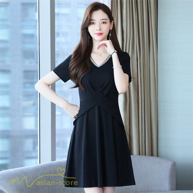 ミディアム | ワンピース Aライン レディース 着痩せ Vネック ひざ上丈 カジュアル 大きいサイズ 無地 きれいめ おしゃれ 春 夏 30代 新作 上品 サマーワンピース 40代 20代