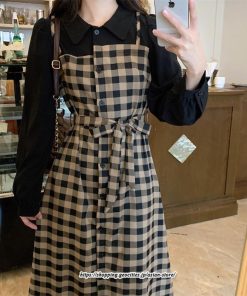 マキシ | ワンピース レディース 大きいサイズ チェック柄 リボン フレア 切り替え 重ね着風 レイヤード風 秋コーデ 秋 可愛い 若見え 冬 オシャレ 着痩せ