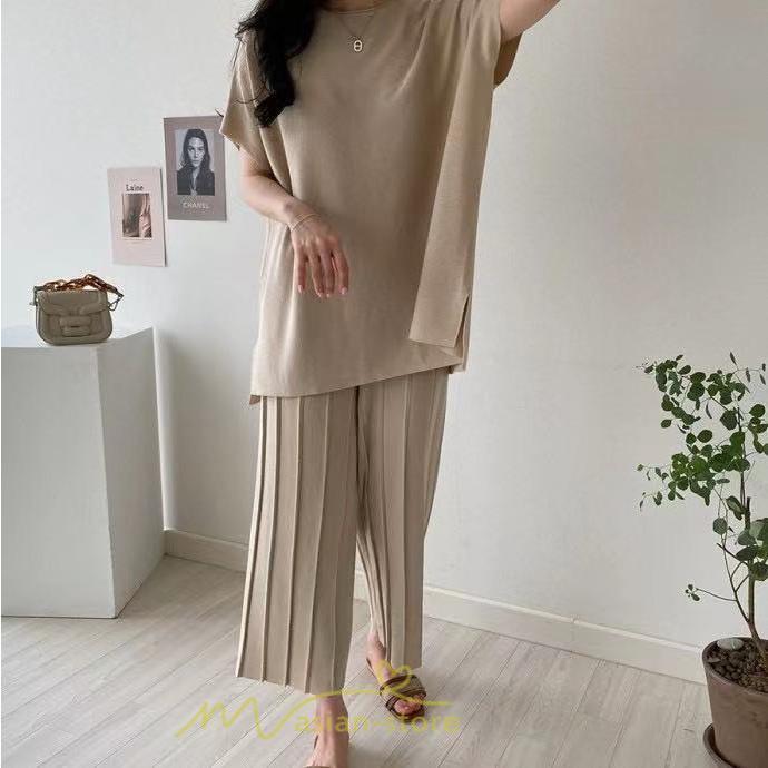 送料無料SALE | セットアップ ニット トップス パンツ ストレッチ 涼感 夏ニット 半袖 九分丈 ウエストゴム レディース 2点セット ゆったり Vネック 無地 30代40代 上品