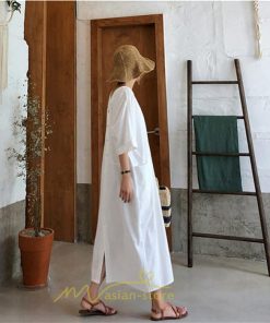 マキシ | ワンピース レディース 夏ワンピース 綿麻 五分袖 体型カバー 着痩せ 韓国風 30代 40代 50代 Vネック 通勤 OL デート キレイめ 新作 2022 お出かけ おしゃれ