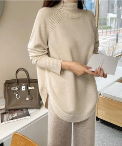 ニット・セーター | ニット レディース 秋冬 厚手 トップス セーター 秋服コーデ 長袖 ブランド裾 不規則 スリット ゆったり ニットセーター 大人 上品 ハイネック 無地 30代