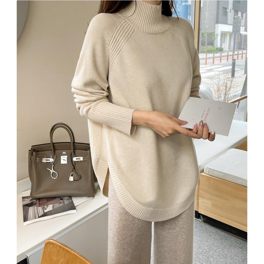 ニット・セーター | ニット レディース 秋冬 厚手 トップス セーター 秋服コーデ 長袖 ブランド裾 不規則 スリット ゆったり ニットセーター 大人 上品 ハイネック 無地 30代