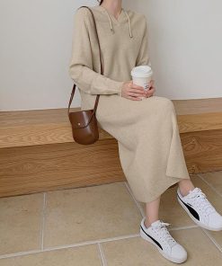 ニットワンピース | ワンピース 秋冬 リブニット ロングワンピース ミモレ丈 無地 フード付き 帽子 ストレッチ 大人 長袖 セーター 50代 20代30代 アウター 大人