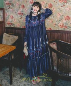 マキシ | ロングワンピース レディース  夏 秋 リゾート ルームワンピース 長袖 ゆったり ロング丈 旅行用 バブルスリーブ かわいい 後ボタン付き レトロ風 丸首