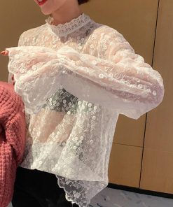 透かし編みトップス | レースブラウス レディース オシャレ シースルー きれいめ シアートップス プルオーバー セクシー プチハイネック 韓国風 長袖