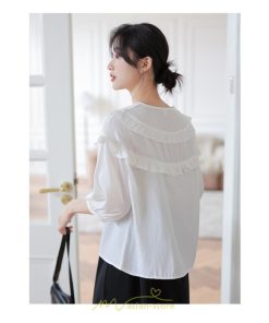 シャツ・ブラウス | トップス ブラウス 七分袖 シャツ きれいめ レディース 夏 白 赤 クルーネック フリル 春夏コーデ オフィス お仕事 通勤 就活 お出かけ ビジネス カジュアル