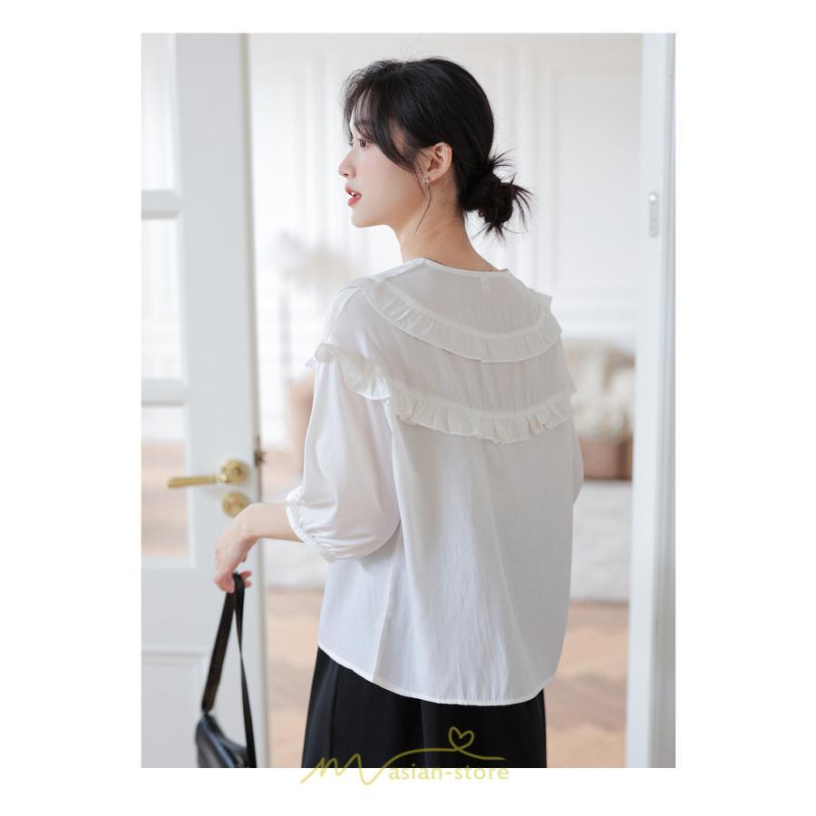 シャツ・ブラウス | トップス ブラウス 七分袖 シャツ きれいめ レディース 夏 白 赤 クルーネック フリル 春夏コーデ オフィス お仕事 通勤 就活 お出かけ ビジネス カジュアル