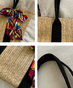 ハンドバッグ | 草編みバッグ リボン スカーフ付き かごバッグ 手提げバッグ レディース ストローバッグ 大容量 トートバッグ ハンドバッグ