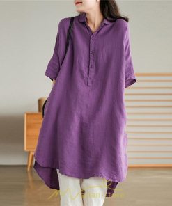 送料無料SALE | ワンピース 夏シャツ レディース 五分袖 シャツワンピース 綿麻 無地 プルオーバー 体型カバー ゆったり 大きめ 夏服 ポケット 30代40代 膝丈 おしゃれ 前後差