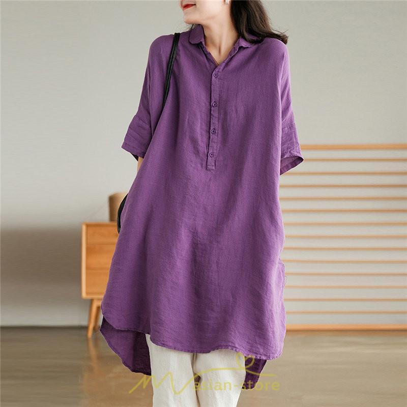 送料無料SALE | ワンピース 夏シャツ レディース 五分袖 シャツワンピース 綿麻 無地 プルオーバー 体型カバー ゆったり 大きめ 夏服 ポケット 30代40代 膝丈 おしゃれ 前後差