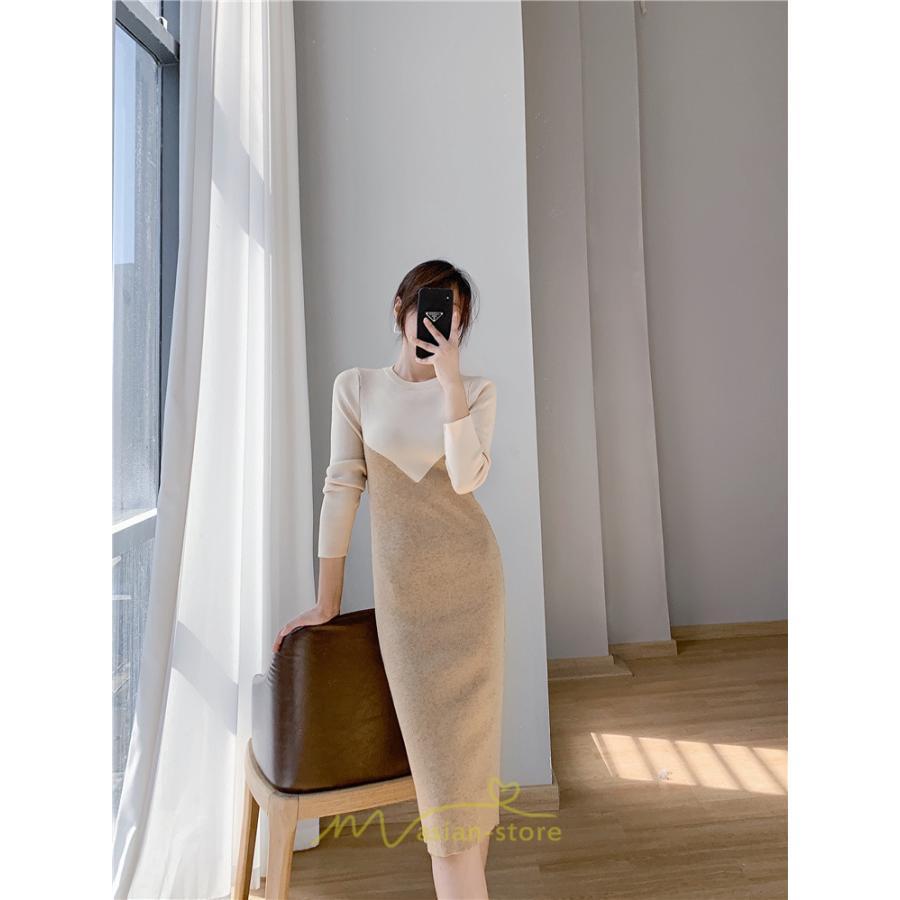 ニットワンピース | ワンピース 秋 秋服 レディース ニット ロングワンピース ロング 長袖 冬 冬服 タイト 切り替え 着痩せ お出かけ 韓国風 20代30代40代50代 通勤 2022新作