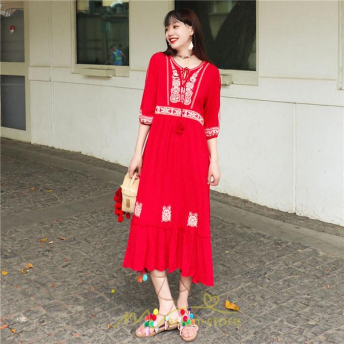 マキシ | ワンピース きれいめ レディース 夏 秋 ロング 上品 大人 七分袖 お出かけ 高見え 赤 白 黄色 上質 20代 50代 40代 ゆったり リゾート 30代 旅行 体型隠し