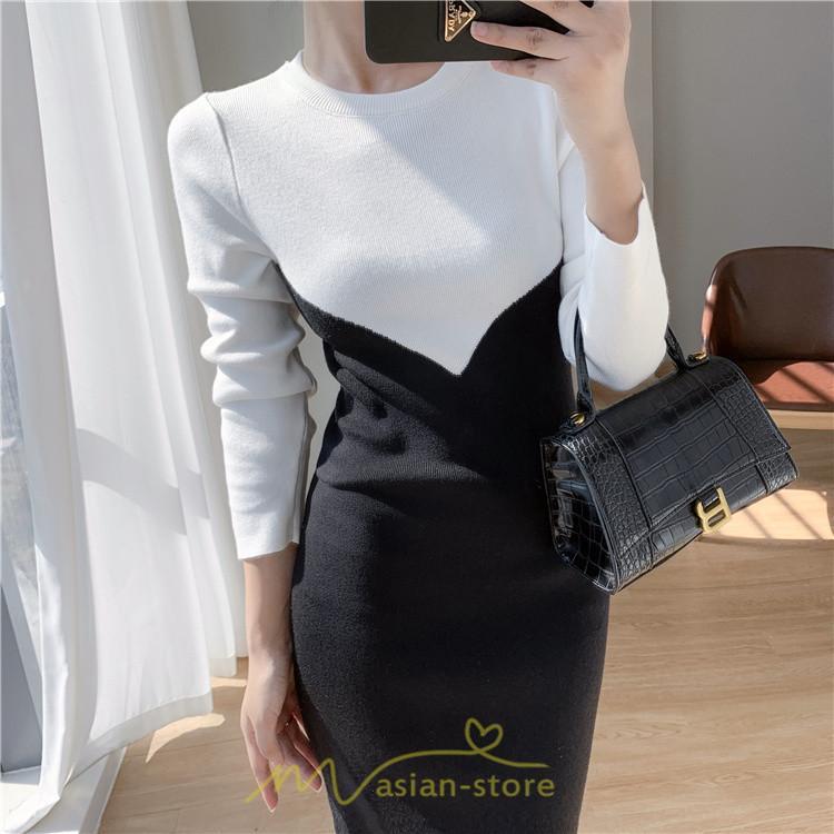 ニットワンピース | ワンピース 秋 秋服 レディース ニット ロングワンピース ロング 長袖 冬 冬服 タイト 切り替え 着痩せ お出かけ 韓国風 20代30代40代50代 通勤 2022新作